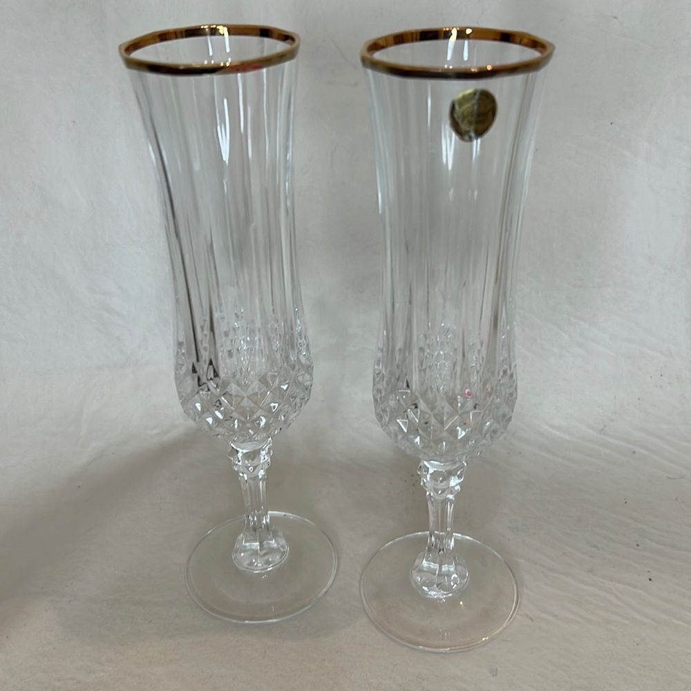 Cristal De Arques Crystal 24 K Gold Trim Long Stem Flutes 8 In Tall 2 In Round